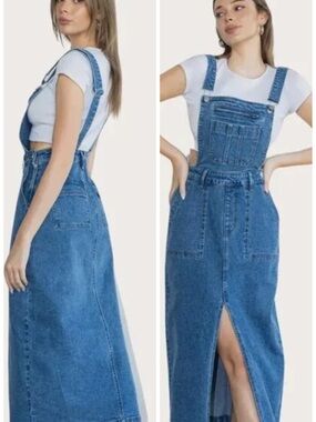 Vibrant M.I.U. Denim Dungaree Bib Overall Midi Skirt Dress Size M NWT